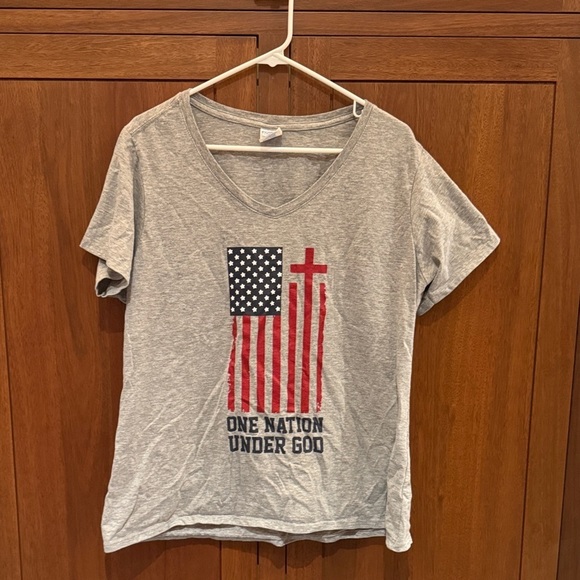 Port and Company Tops - Gray Graphic T-Shirt with Flag and Cross One Nation under God
